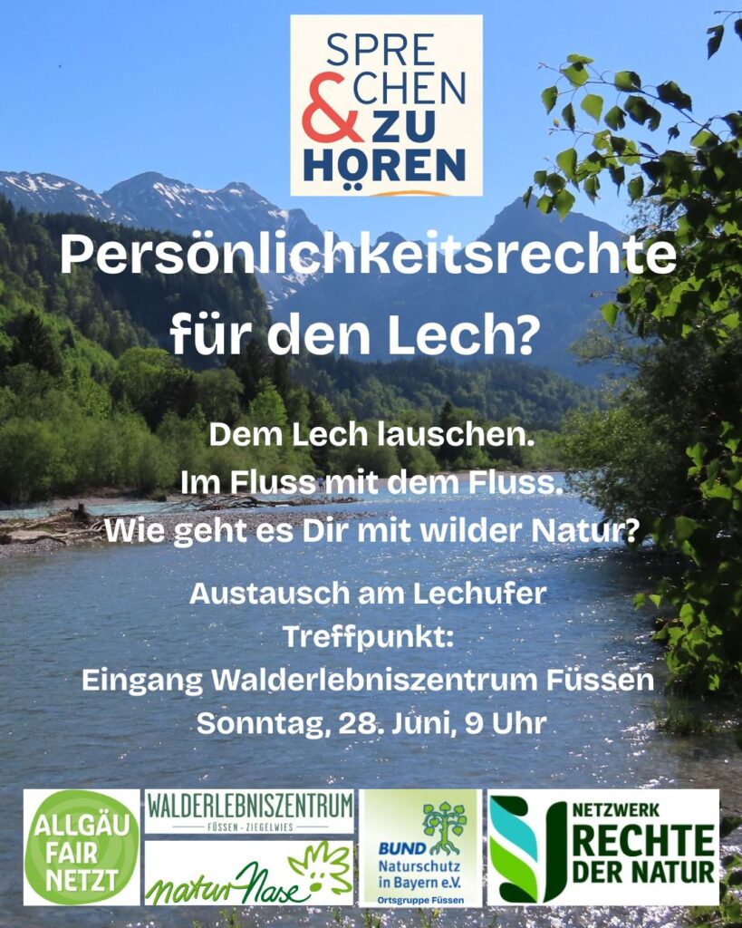 Plakat mit Einladung zur Sprechen&Zuhören-Veranstaltung "Persönlichkeitsrechte für den Lech?"